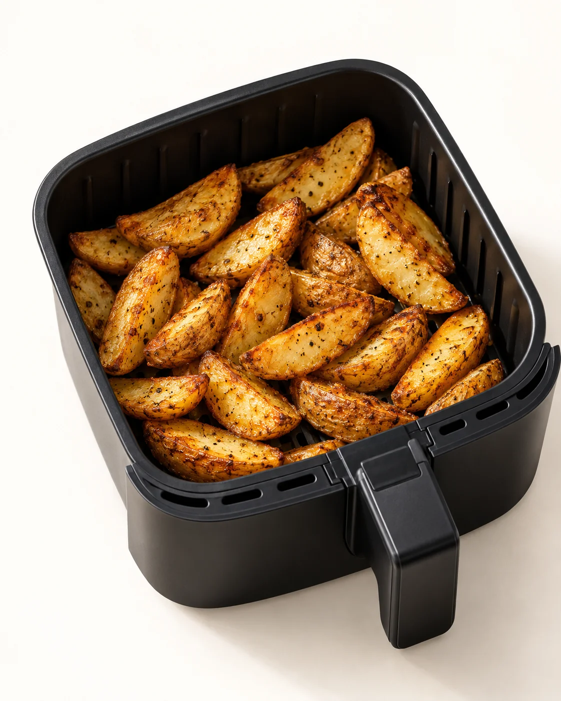 Patatas cocinándose directamente en una cesta de airfryer sin papel