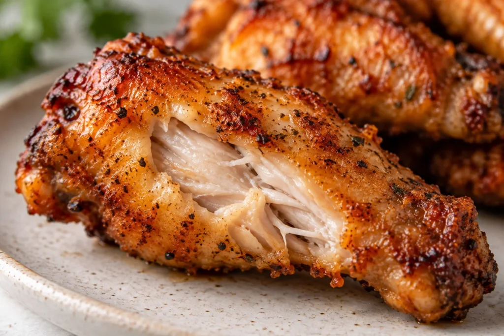 Primer plano de una alita de pollo con piel dorada y crujiente y carne jugosa
