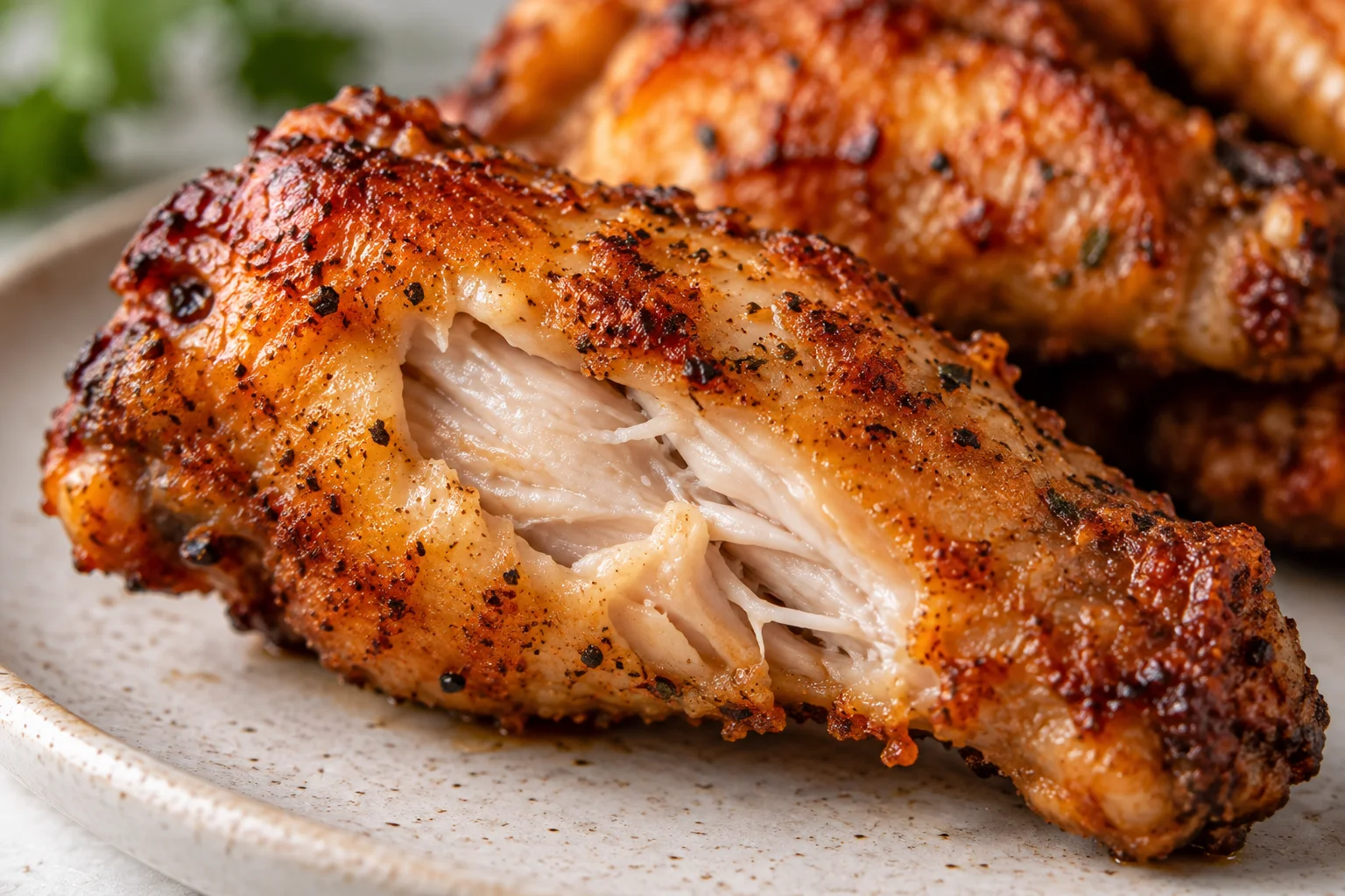 Primer plano de una alita de pollo con piel dorada y crujiente y carne jugosa