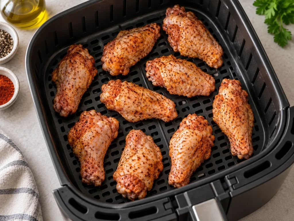 Alitas de pollo distribuidas en una sola capa en la cesta de la freidora de aire