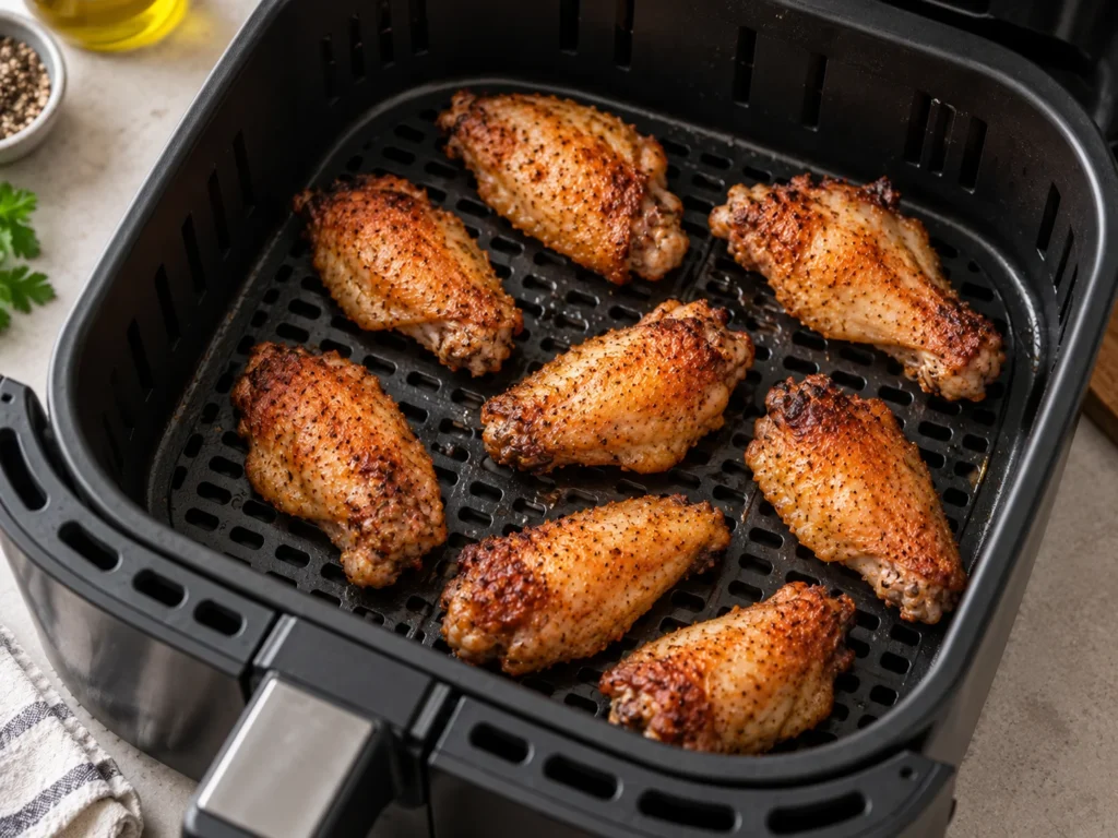 Alitas de pollo dorándose dentro de la freidora de aire durante la cocción