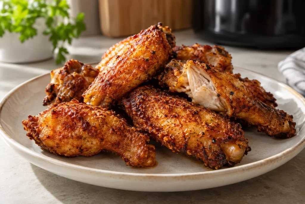 Alitas de pollo doradas y crujientes recién hechas en freidora de aire