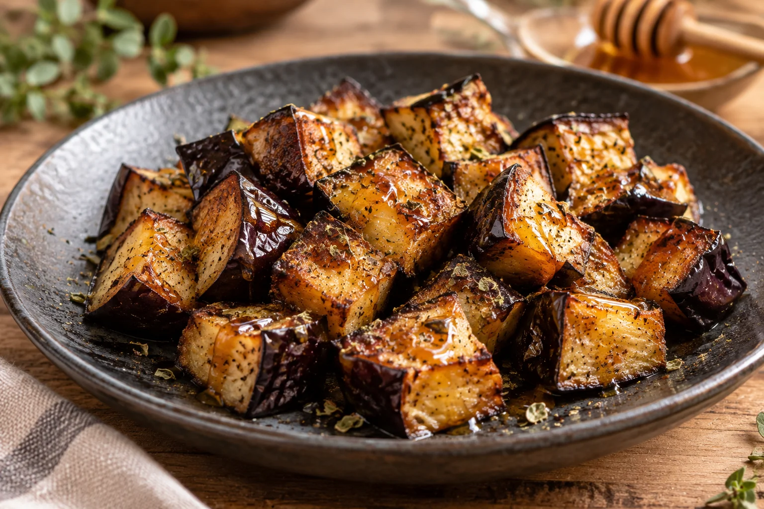 Berenjena en airfryer con un fino hilo de miel añadido después de la cocción.