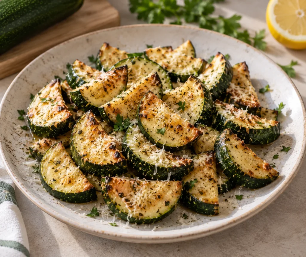 Calabacín cocinado en Airfryer, tierno y ligeramente dorado, listo para servir