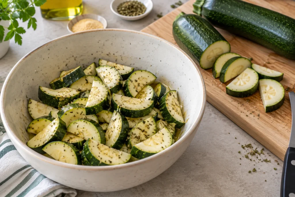 Medias lunas de calabacín con aceite de oliva, ajo y orégano antes de cocinar