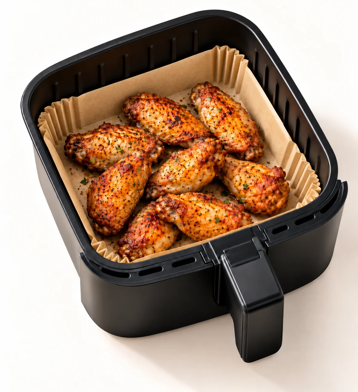 Cestita cuadrada de papel colocada dentro de una airfryer