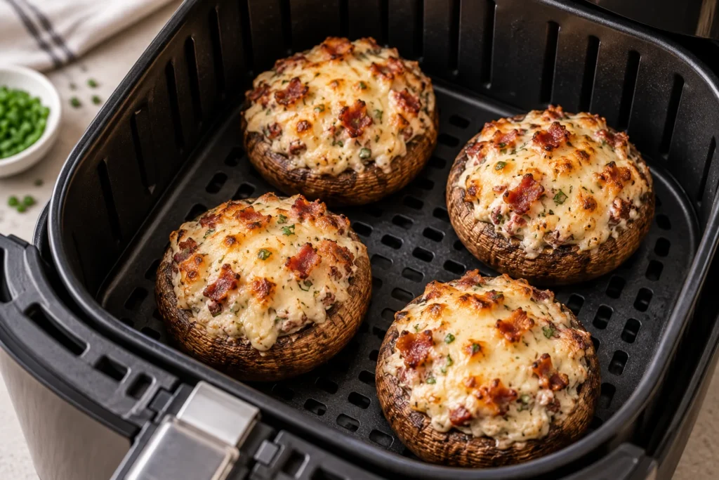 Champiñones rellenos de queso y bacon colocados separados en la cesta de la freidora de aire durante la cocción.