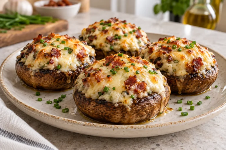 Champiñones rellenos de queso crema, bacon y mozzarella gratinada, recién hechos en Airfryer y servidos en un plato de cerámica.