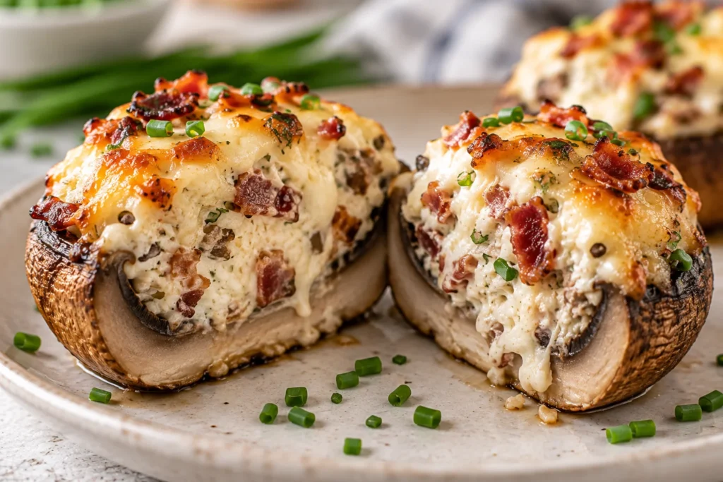 Champiñón relleno keto cortado por la mitad con interior cremoso de queso y bacon y mozzarella dorada.
