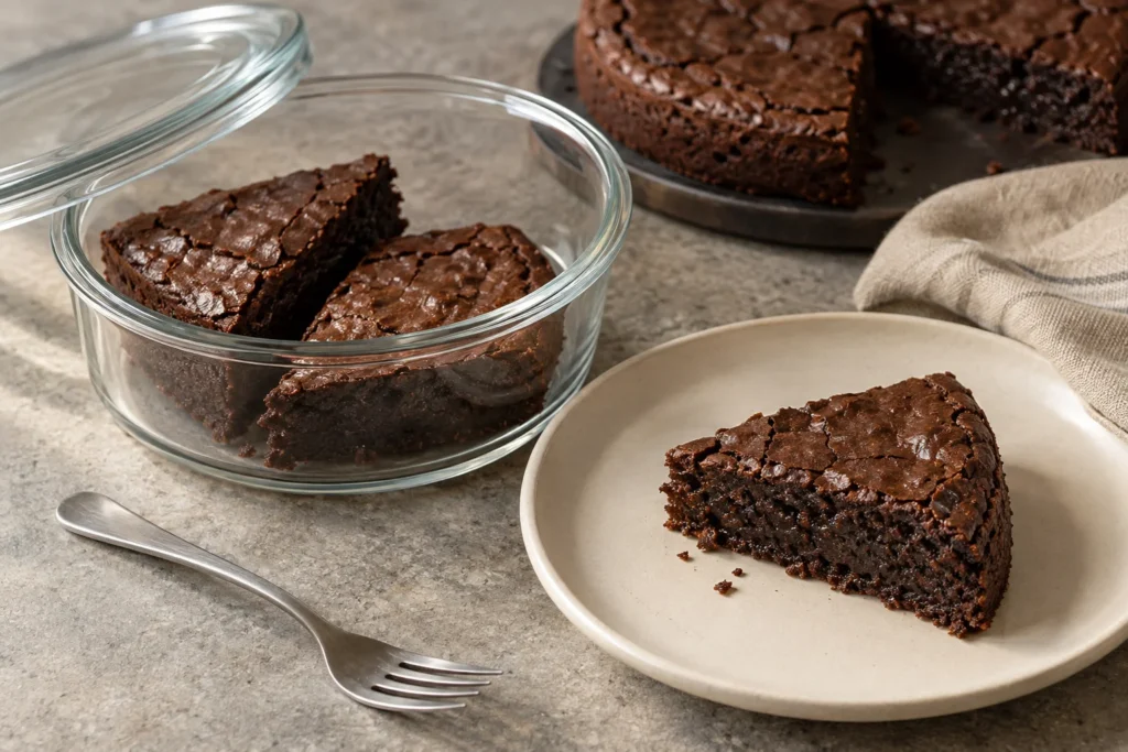 Porciones de brownie en freidora de aire guardadas en un recipiente hermético de vidrio.