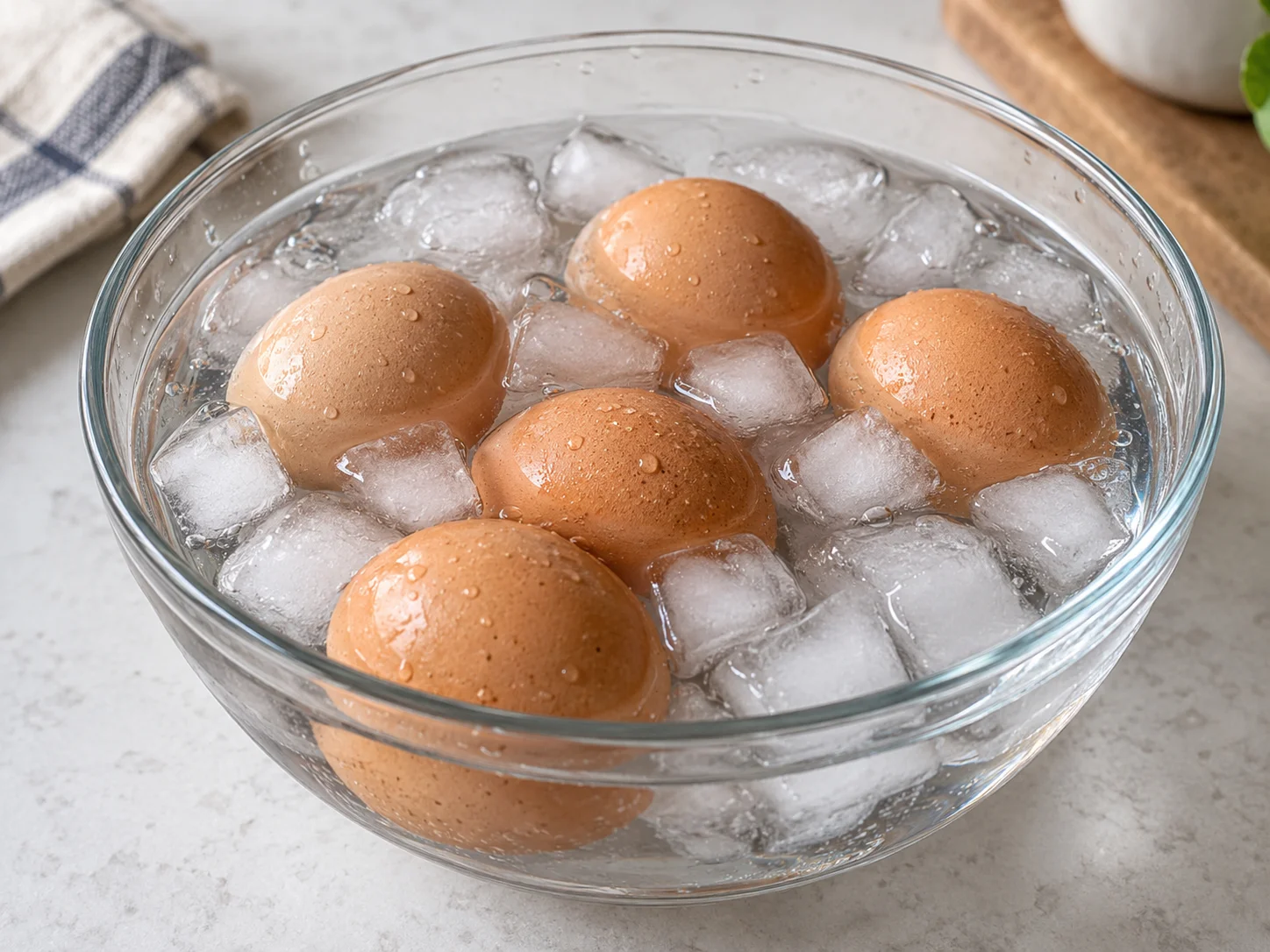 Huevos duros enfriándose en agua con hielo después de cocinarse en freidora de aire