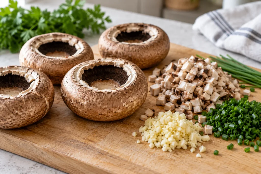 Champiñones grandes sin tallo sobre una tabla de madera junto a tallos picados, ajo y cebollino para preparar el relleno.