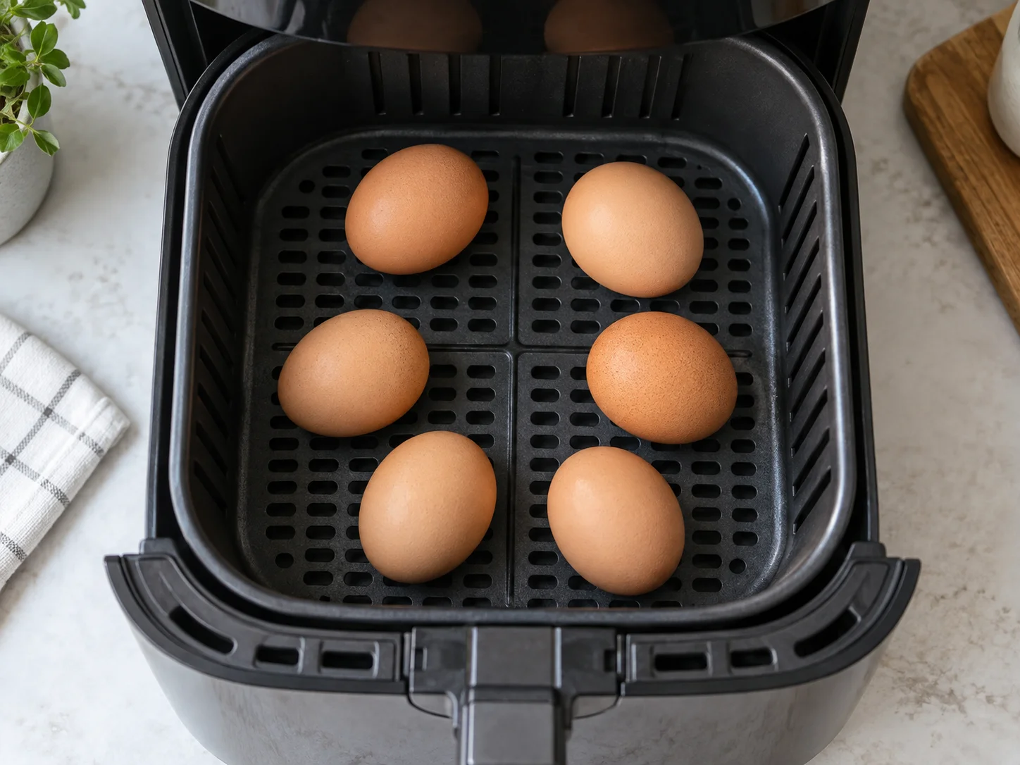 Huevos enteros colocados en una sola capa dentro de la cesta de la freidora de aire