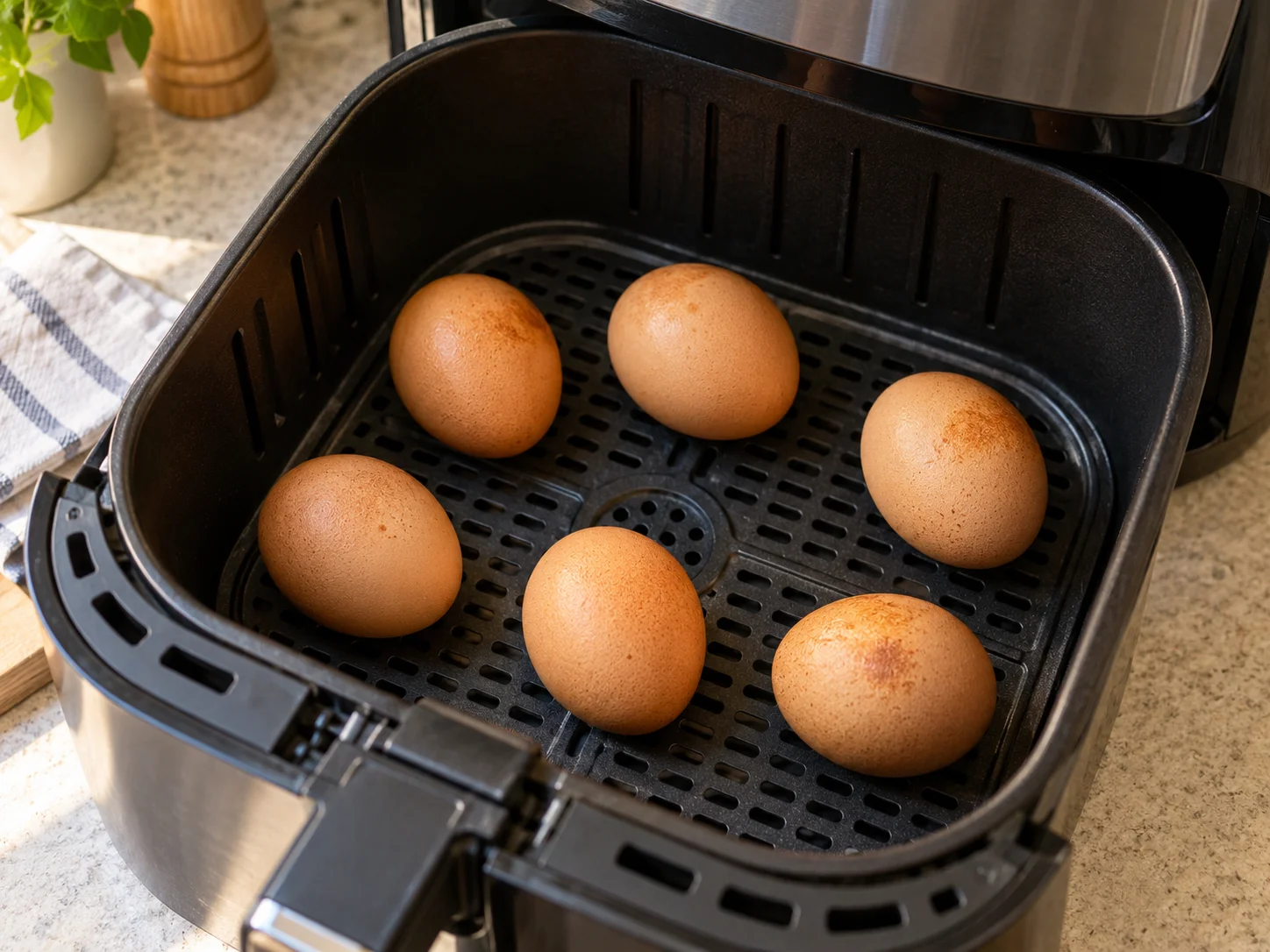 Huevos con cáscara recién cocinados a 130 grados en la cesta de la Airfryer