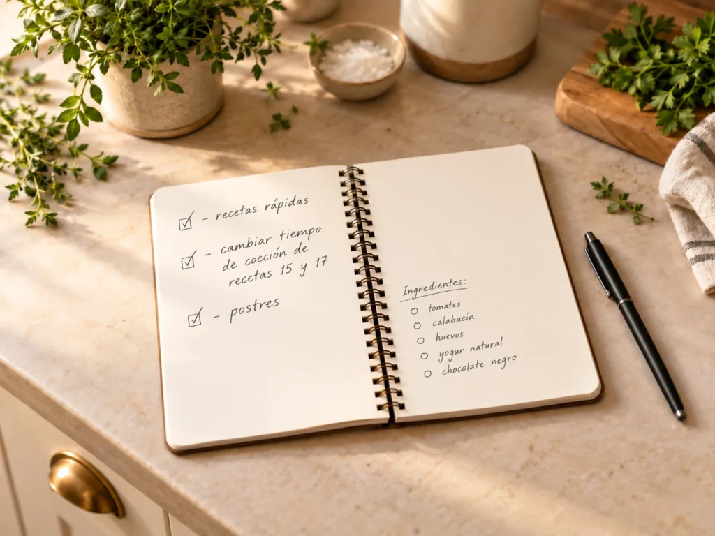 Cuaderno abierto con ideas para una receta de airfryer