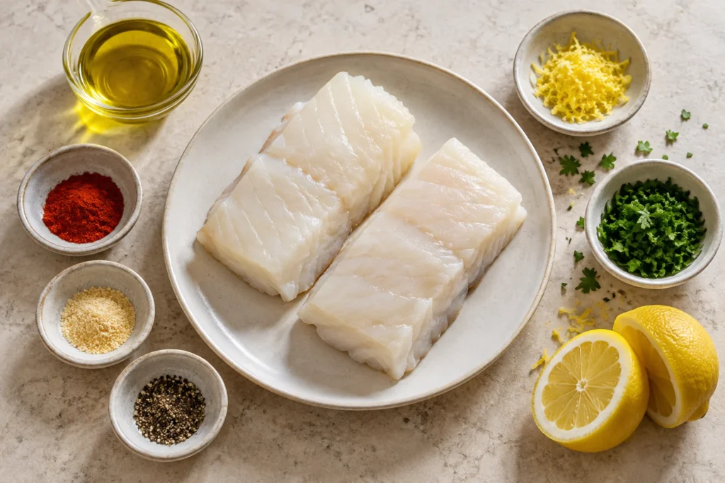 Ingredientes para receta bacalao en freidora de aire con aceite, especias, limón y perejil