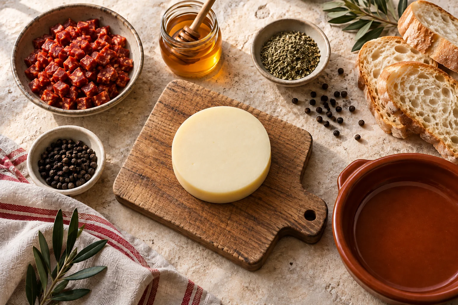 Ingredientes para hacer provolone con chorizo y miel en airfryer