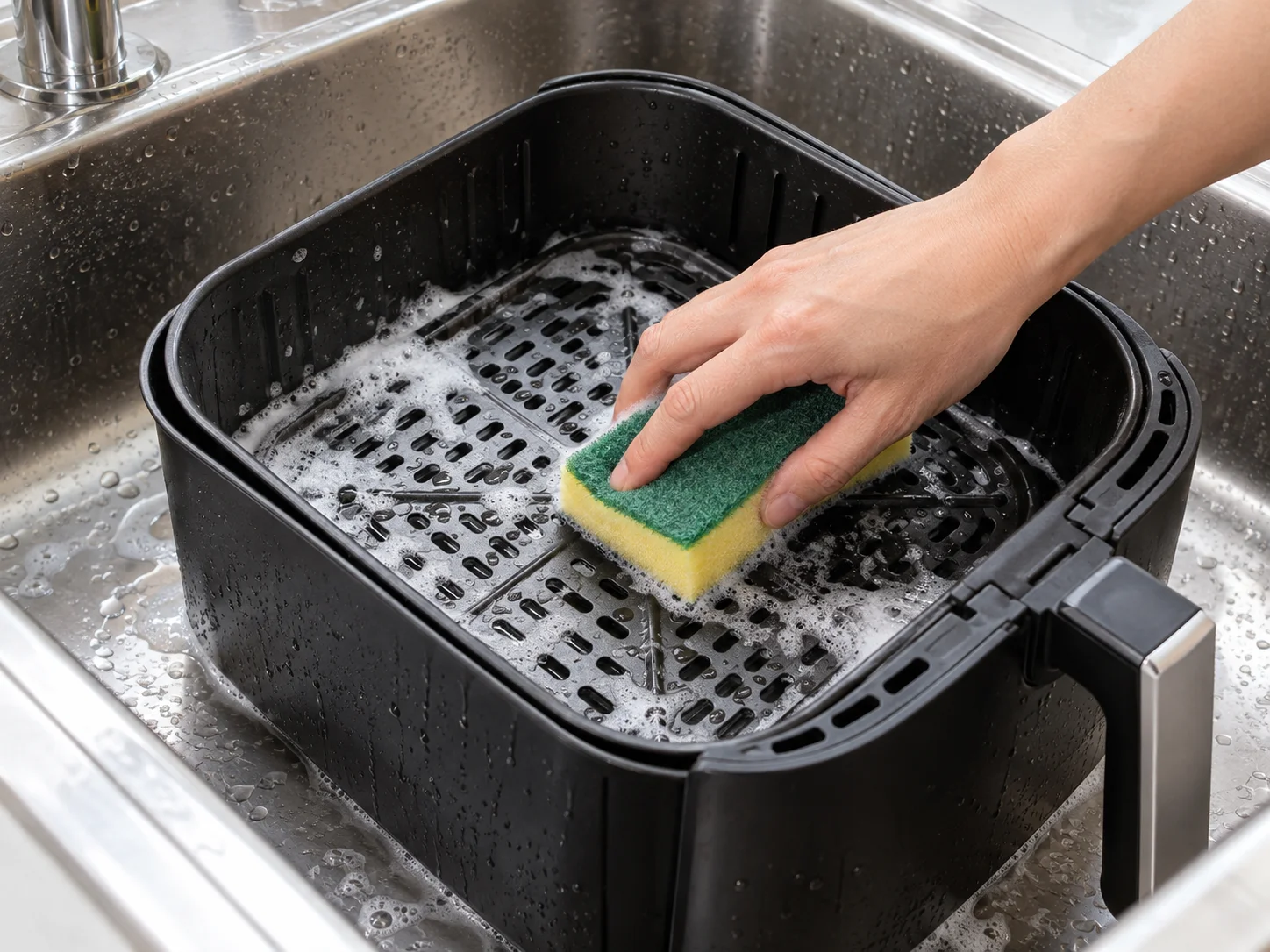 Limpieza de la cesta y rejilla de una airfryer con esponja