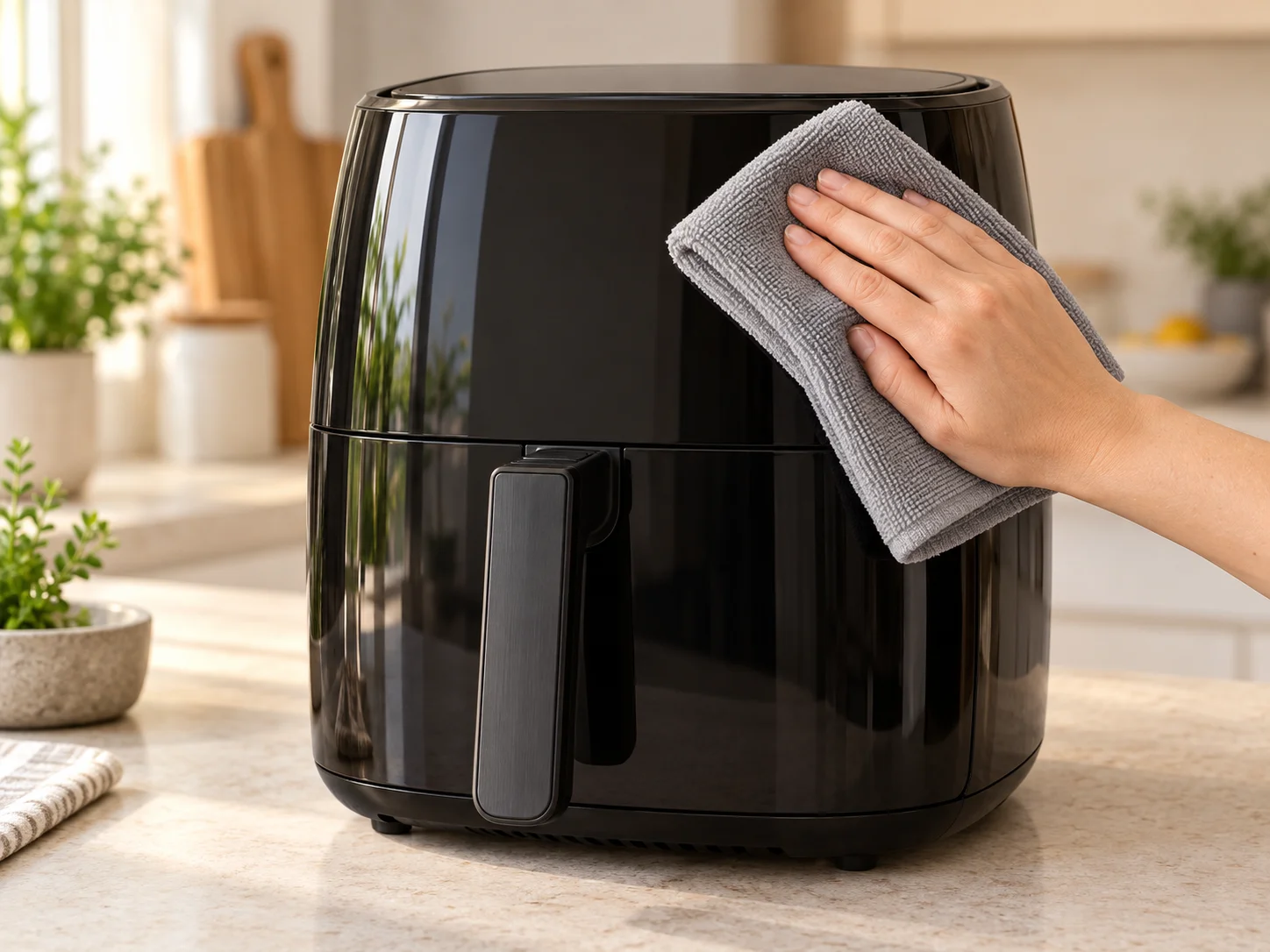 Limpieza exterior de una airfryer con paño de microfibra