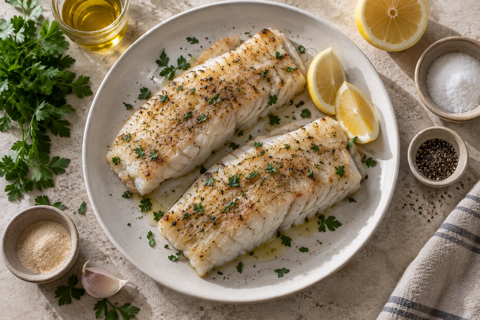 Merluza en freidora de aire con limón, perejil y sus ingredientes principales