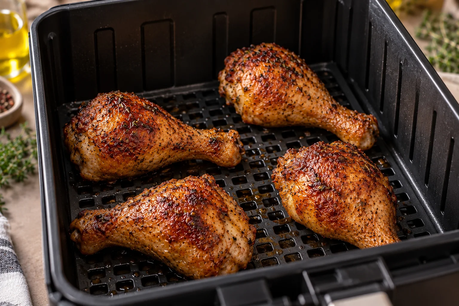 Muslos de pollo separados en la airfryer para conseguir una piel crujiente
