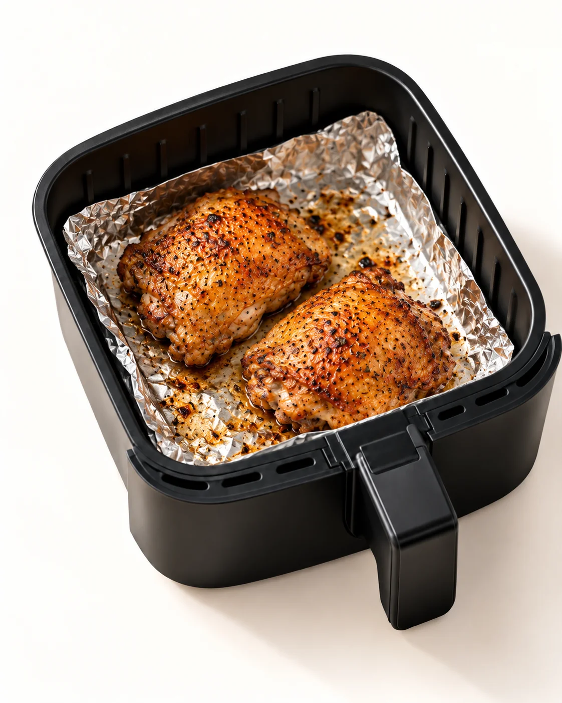 Papel de aluminio cuadrado colocado en una cesta de airfryer