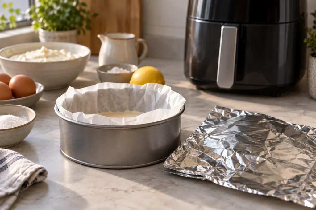 Molde y papel de aluminio para cocinar pastel de queso