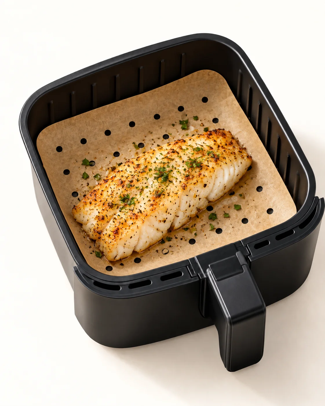 Papel perforado cuadrado colocado en una cesta de airfryer