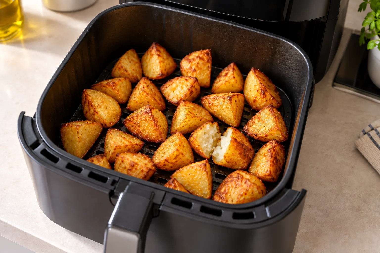 Patatas doradas y crujientes en la cesta de la airfryer