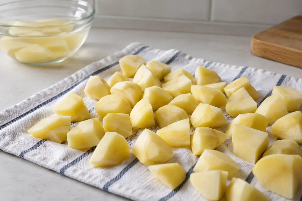 Patatas cortadas y secadas antes de cocinar