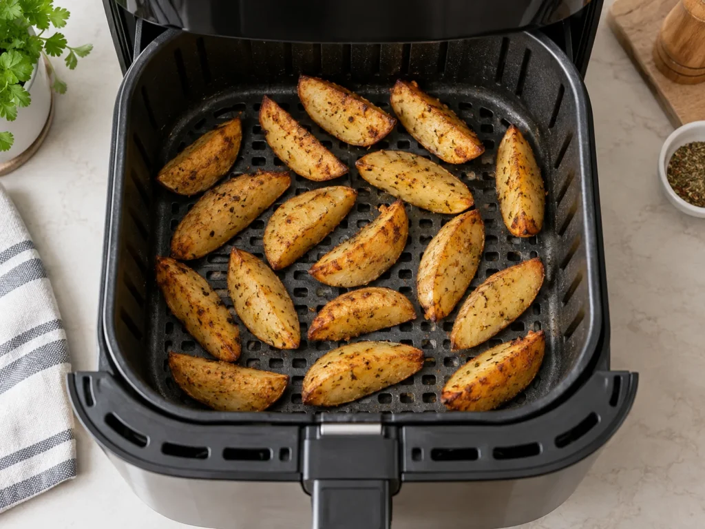 Patatas deluxe distribuidas en la cesta de la freidora de aire durante la cocción