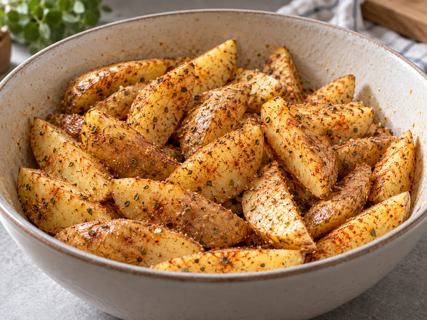 Gajos de patata con aceite, maicena y especias antes de cocinar