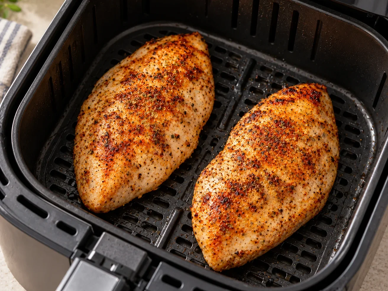 Dos pechugas de pollo separadas dentro de la cesta de la freidora de aire