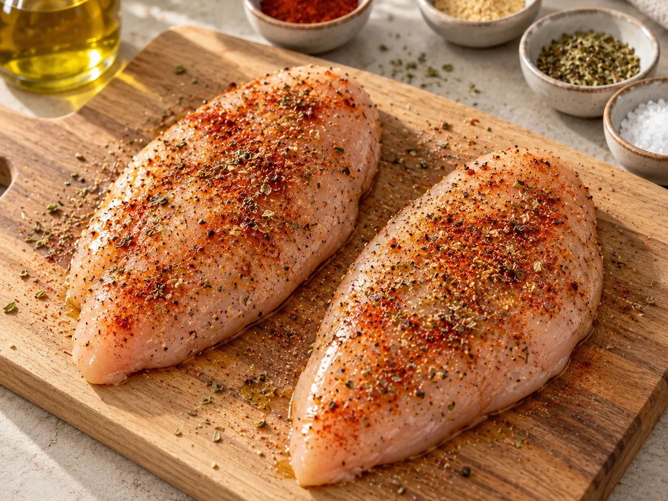 Pechugas de pollo condimentadas con aceite, pimentón, ajo y orégano antes de cocinar