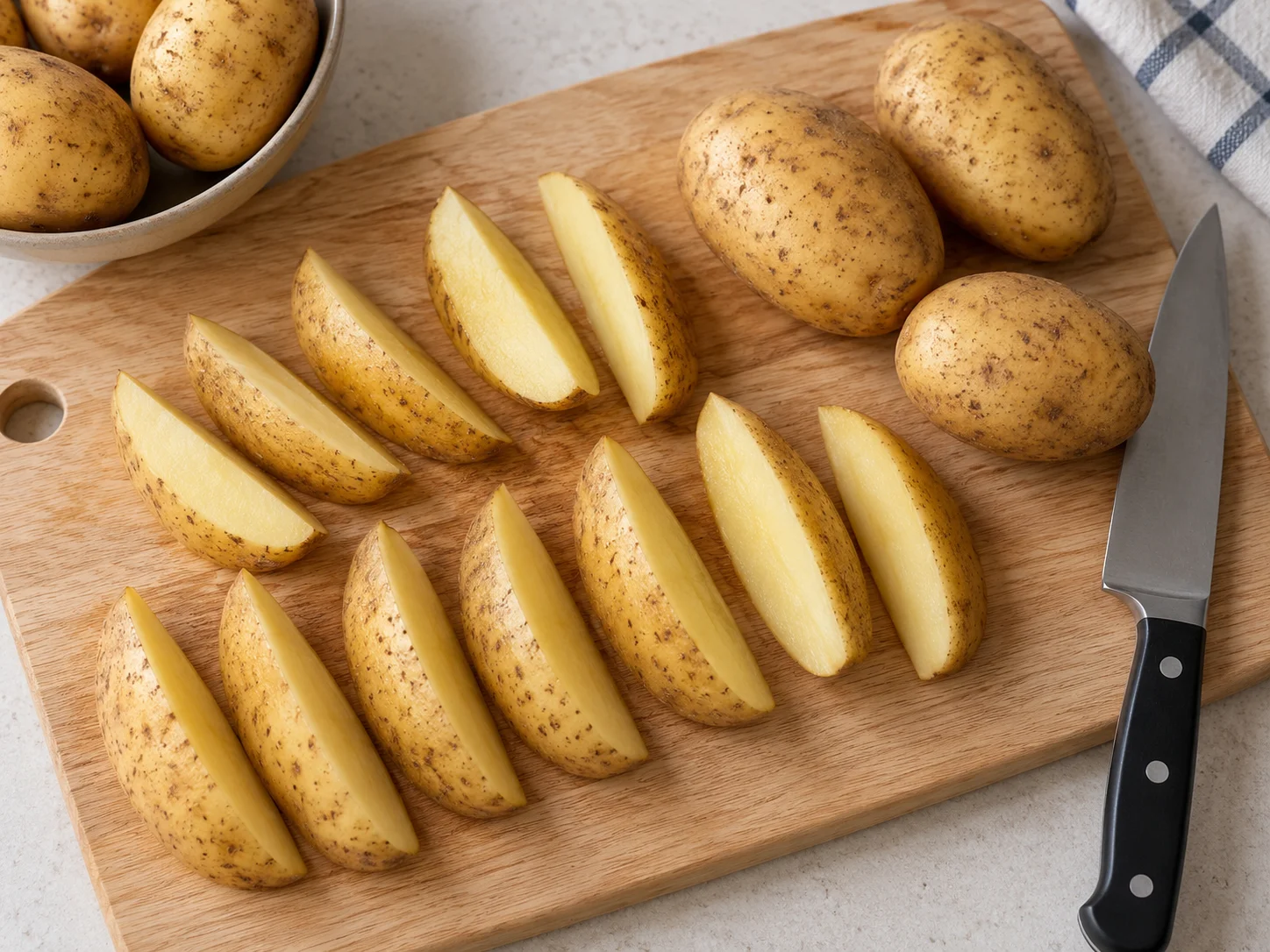 Gajos de patata cortados de tamaño uniforme antes de preparar las patatas deluxe