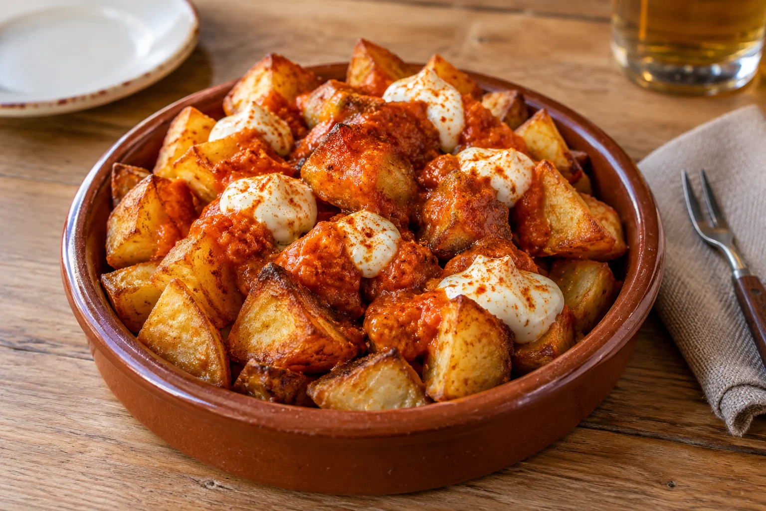 Patatas bravas en freidora de aire servidas con salsa brava y alioli