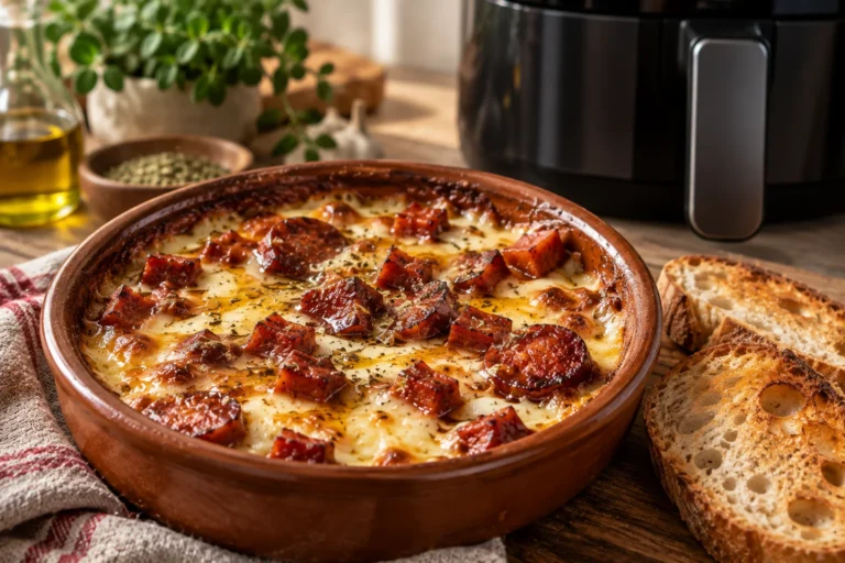 Provolone fundido en airfryer dorado y burbujeante a 180 grados