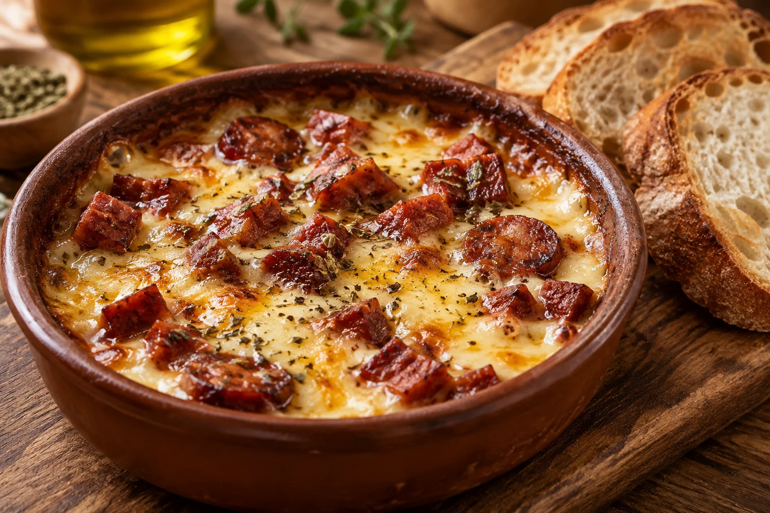 Provolone en freidora de aire con chorizo, miel y orégano