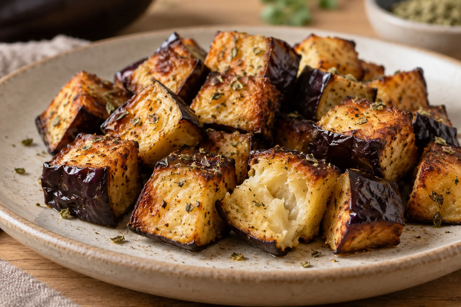 Berenjena cocinada en airfryer con bordes dorados y pulpa interior tierna.