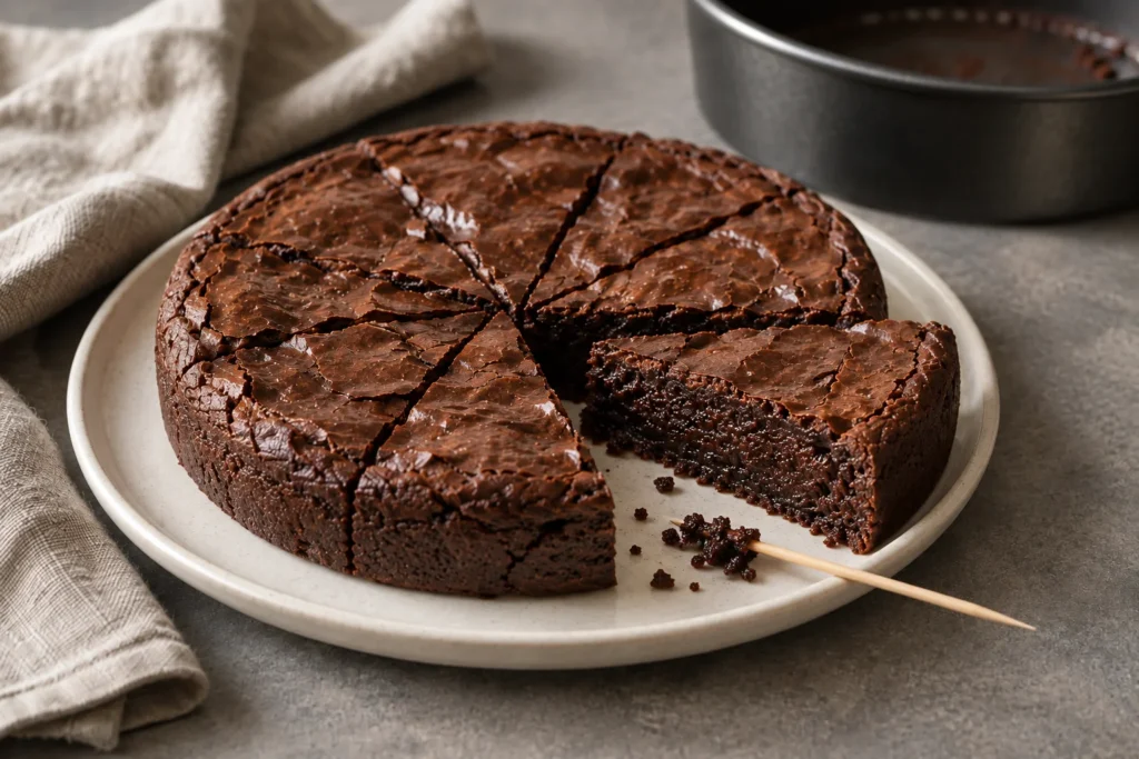 Brownie en su punto con interior húmedo y palillo con migas cocidas adheridas.