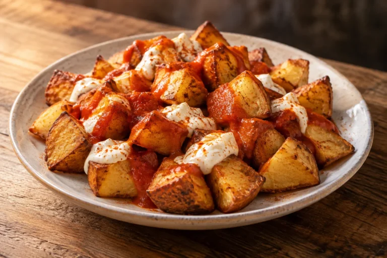 Resultado final de patatas bravas en airfryer con salsa brava y alioli