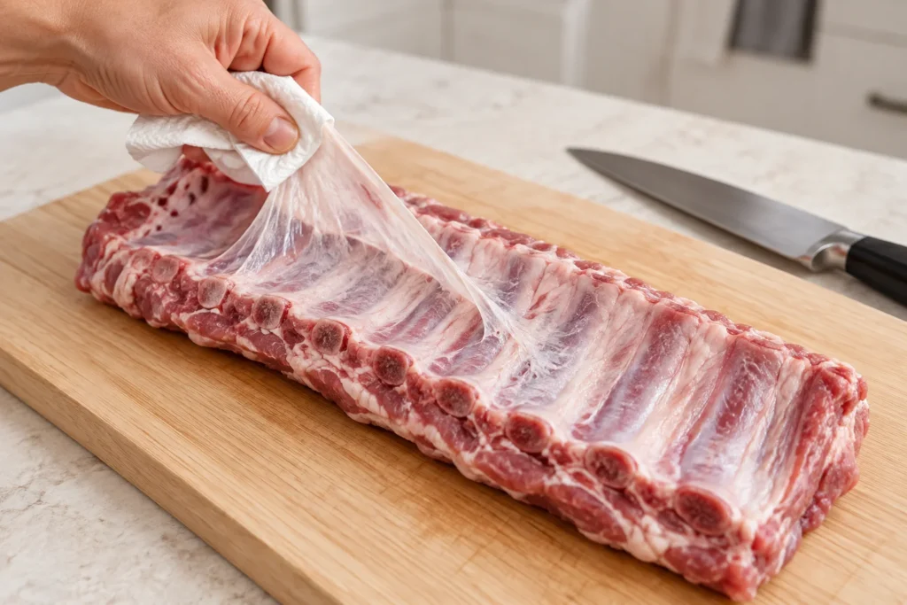 Retirada de la membrana de un costillar de cerdo antes de cocinarlo.