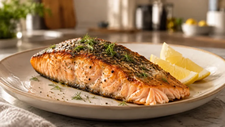 Salmón en airfryer con piel dorada, limón y eneldo