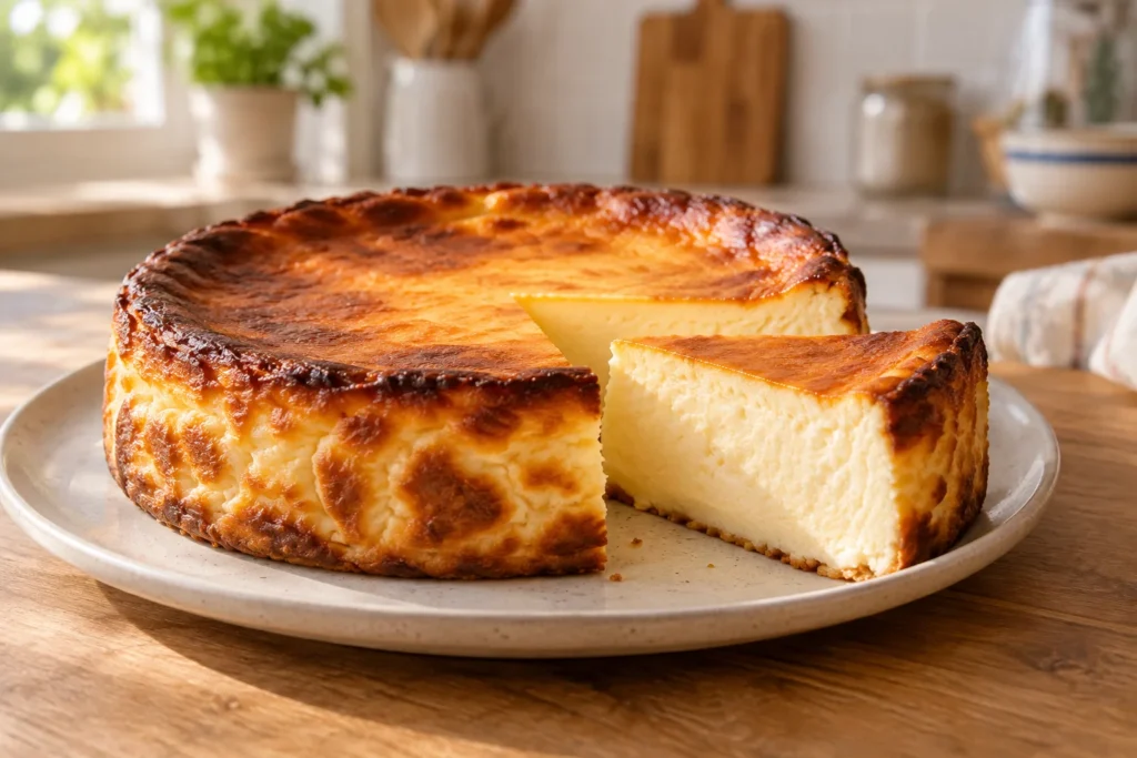 Tarta de queso en freidora de aire dorada con interior cremoso