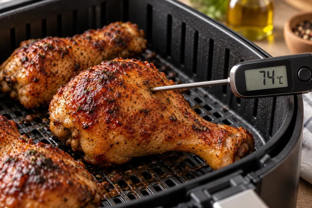 Temperatura de 74 grados en muslos de pollo cocinados en freidora de aire