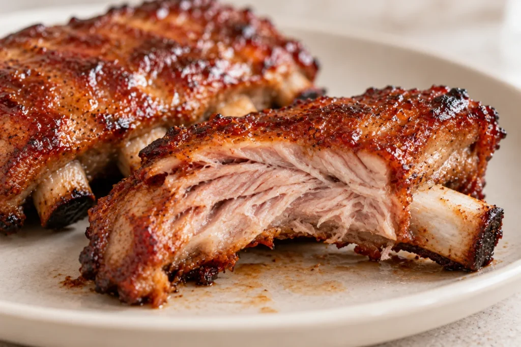 Receta fácil de costilla de cerdo tierna con la carne separándose del hueso.