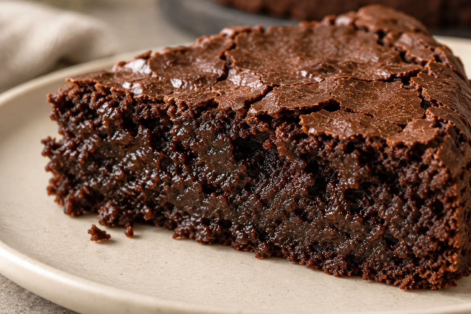 Primerísimo primer plano del interior húmedo y la costra fina del brownie.
