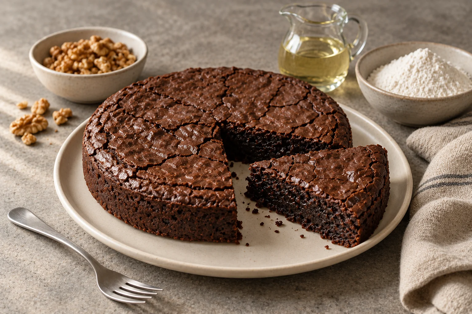 Brownie de chocolate acompañado de nueces y aceite como alternativas de la receta.