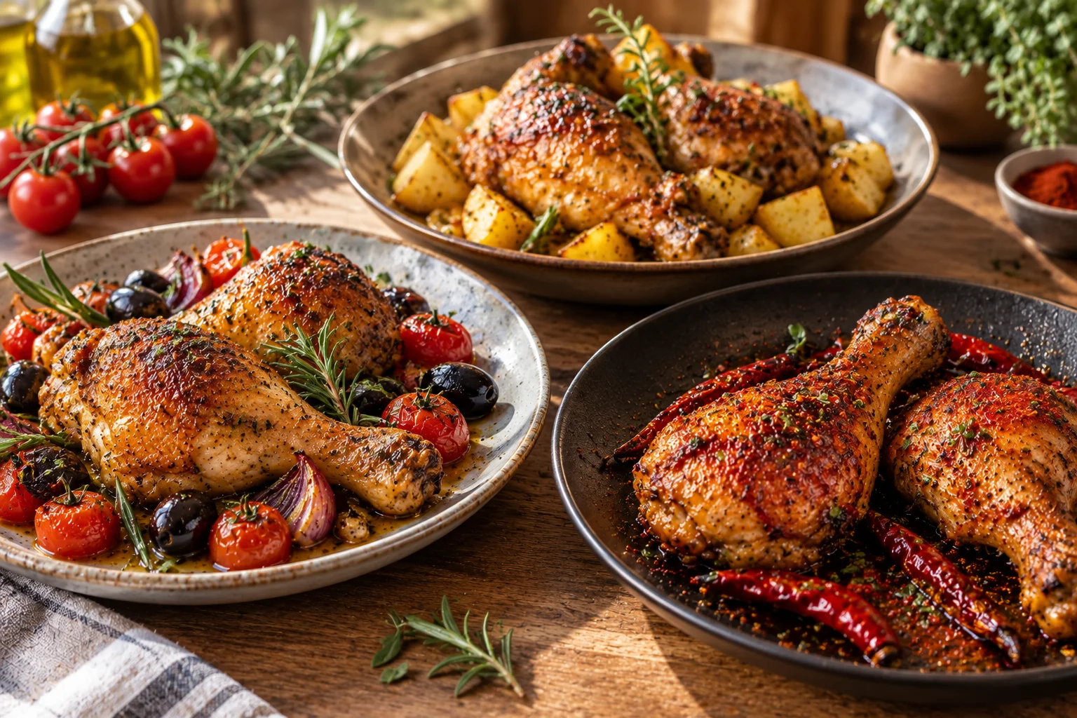 Variaciones de muslos de pollo en airfryer con verduras, patatas y guindilla