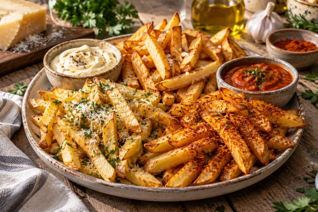 Variaciones de patatas fritas en airfryer con parmesano, especias y salsas